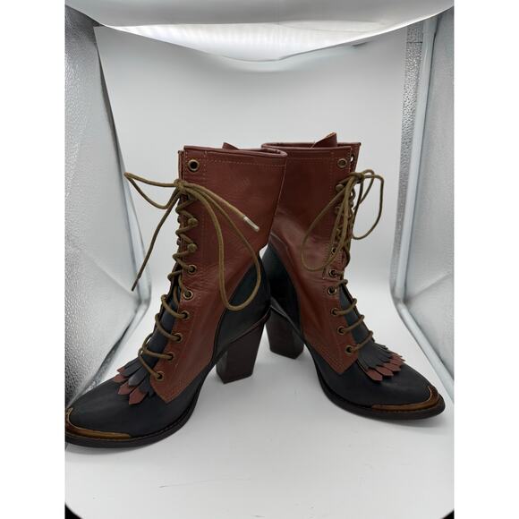 Jeffry Campbell Deadwood Lace Up Western High Heeled Boots Size 8 Brown Black - Picture 3 of 10